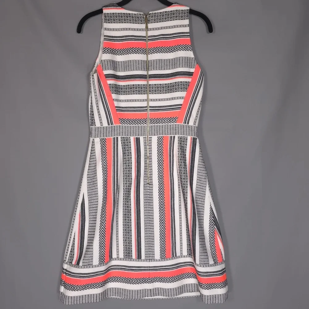 Kate Spade Ribbon Jacquard Sleeveless Dress Size 4 White Black Orange Wrap Flare